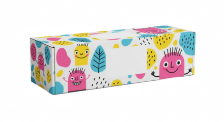 Cardboard box with cute colorful monster pattern and blank label