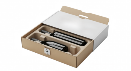Two wine bottles in a protective cardboard shipping box mockup