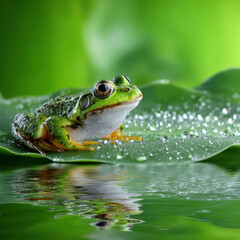 Obraz premium Close up of frog sitting on water lily leaf, surrounded by calm water and vibrant green foliage, evokes serene atmosphere