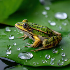 Obraz premium Close up of frog sitting on water lily leaf, surrounded by droplets of water, creating serene and calm atmosphere