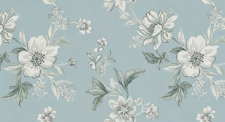 Seamless floral pattern with white flowers on blue textured background
