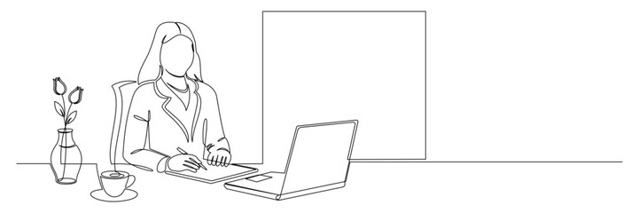 Continuous line drawing of a professional business woman working at an office desk. Writing in a notebook, holding a tablet, with an open laptop and a cup of coffee on the table, vector illustration