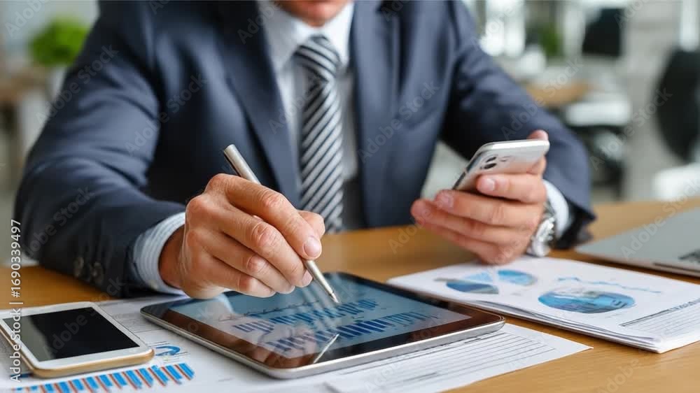 Poster executive and technology: a sophisticated executive, immersed in the digital world, utilizes a table
