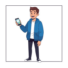 Happy young man using smartphone app, cartoon style illustration.