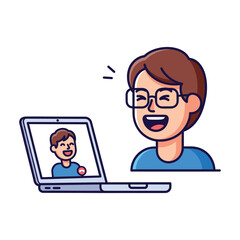 Joyful Cartoon Man Video Chatting, Laughing, Happy Online Communication
