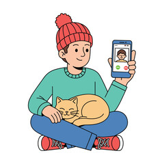 Happy man video chatting, cozy winter scene with cat.