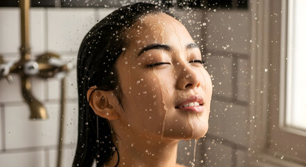 Woman Showering, Water Drops, Relaxed, Clean, Fresh, Skin, Beauty, Care, Wellness, Serene