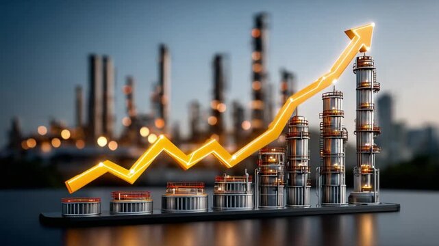 Rising Industry: An economic progress is presented with an ascending arrow soaring high above industrial infrastructure, symbolizing growth and prosperity.