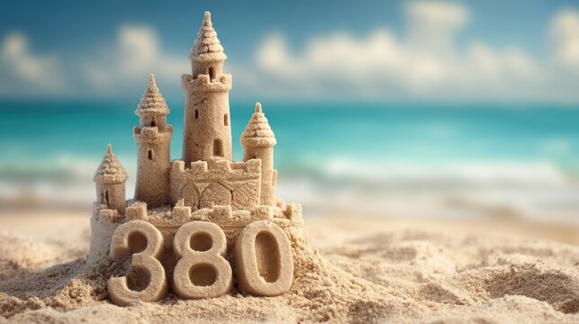 Beach sandcastle with the number 380 on it, on a sandy beach with ocean background