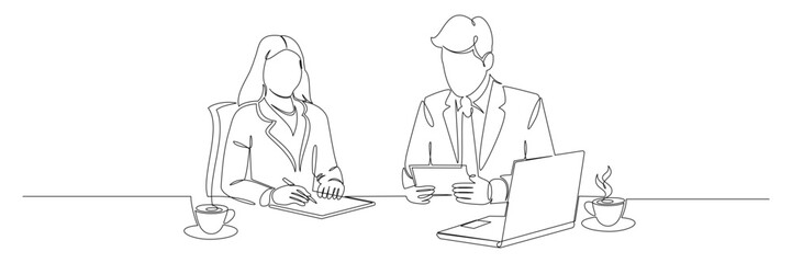 Continuous line drawing of two professional people working at an office desk. A businesswoman writes in a notebook, a businessman in a suit holds a tablet, on the table there is an open laptop and two