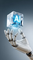 Close up of robotic hand holding transparent cube with glowing letters AI, symbolizing advanced technology and innovation
