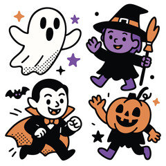 playful Halloween illustration featuring ghost, witch, vampire, and pumpkin character