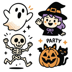 Halloween characters including ghost, witch, skeleton, pumpkin, and cat