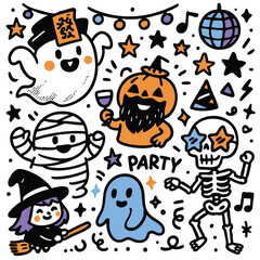 fun Halloween party illustration featuring ghosts, pumpkin, and skeleton
