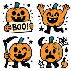 Playful Halloween pumpkins with various expressions and poses