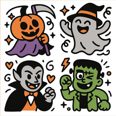 Colorful Halloween characters including pumpkin, ghost, vampire, and monster