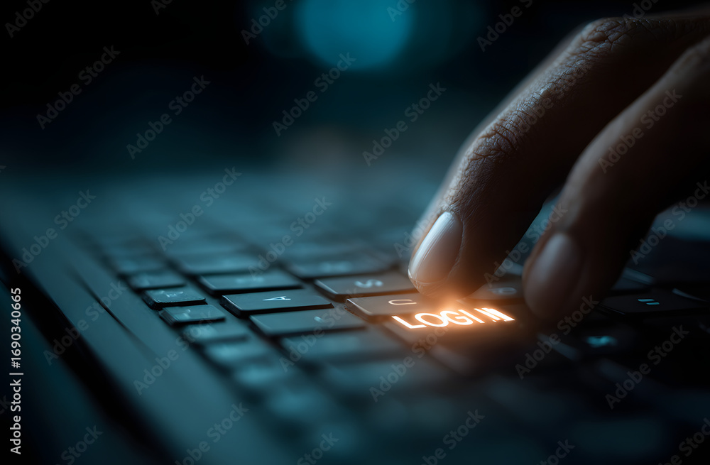 Poster person types on laptop keyboard. login button appear on screen. concept of cybr security, online dat