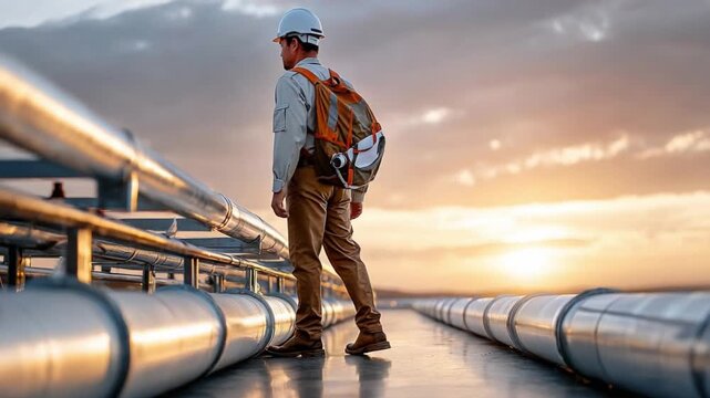 Industrial Vision: A dedicated worker, clad in a hard hat and safety gear, walks confidently along industrial pipelines against a backdrop of a stunning dusk sky, symbolizing progress.