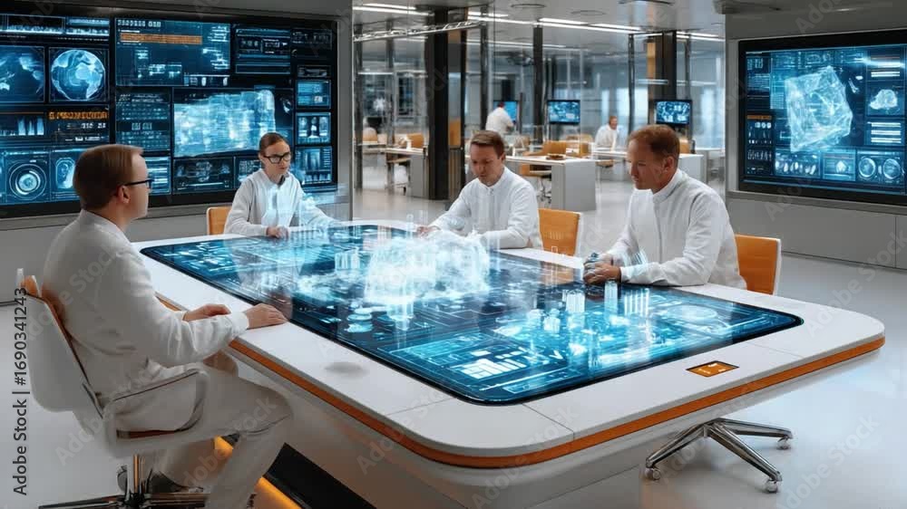 Poster high-tech meeting: a team of scientists collaborating around an illuminated table, immersed in holog
