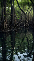 Intricate mangrove roots reflected in calm water creating a serene and mysterious jungle landscape