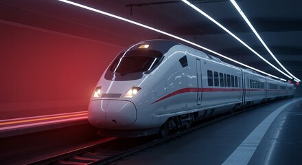 Naklejka premium Modern high speed train in tunnel with neon lights in the background
