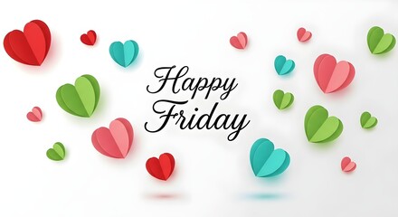 Colorful paper hearts floating on a white background with the text happy friday, creating a cheerful and festive design isolated on white background