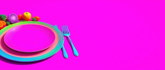 Obraz premium Vibrant Neon Dining Concept with Colorful Plates and Fresh Vegetables on Bright Pink Background
