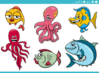 funny cartoon sea life or marine animal characters set