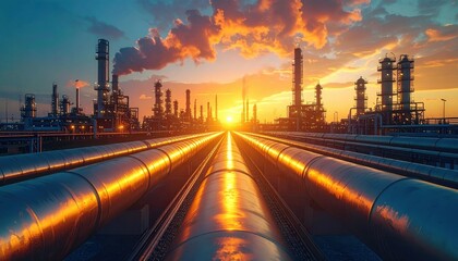 Symmetrical industrial refinery view with shining pipelines at sunset concept of fossil fuel dominance modern energy production debate sustainability future