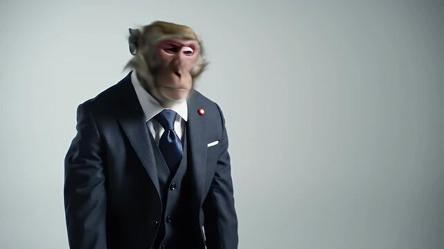Monkey Wearing Blue Business Suit Thinking on Light Gray Background