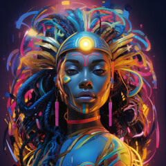 Vibrant and striking portrait of a woman with colorful body paint and elaborate hairstyle, showcasing cultural expression and artistic creativity