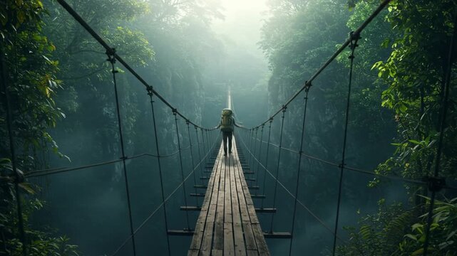 Person walking on a suspension bridge in a lush forest