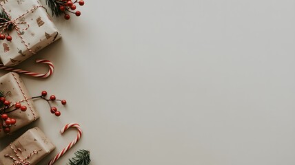 Festive christmas presents wrapped in patterned paper with candy canes and holly berries arranged on a light grey background with copy space