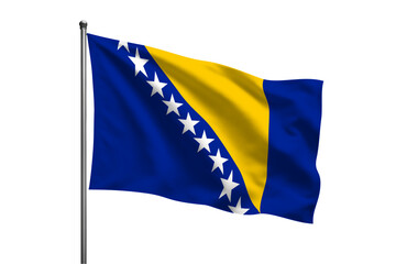 A bosnia and herzegovina flag waving on a silver pole against a black background in a studio shot