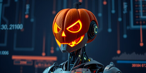 Futuristic robot with a carved pumpkin for a head glowing on a digital background. Perfect for halloween projects related to technology, ai, and the future