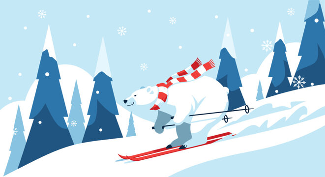 Joyful polar bear with striped scarf skis down snowy mountain slope in winter wonderland