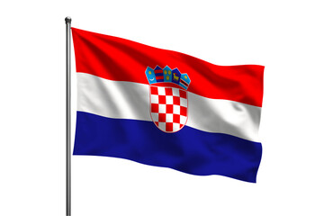 A croatian flag waving in the wind on a silver flagpole against a black background in a studio shot