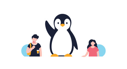 Friendly penguin waves hello to diverse people in modern, minimalist design with bright colors