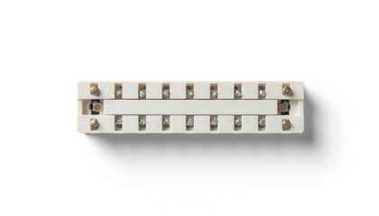 Electrical terminal block with multiple connection points on white background  