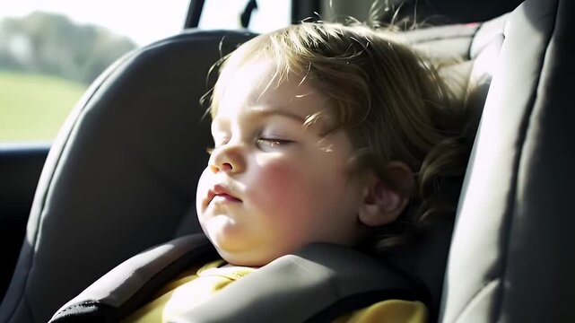 Adorable Toddler Sleeping Peacefully in Gray Car Seat Wearing Yellow Shirt Sunlight Streaming in Vehicle in Motion