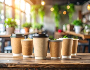 Row of disposable coffee cups on a wooden table in a cafe