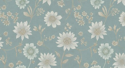 Teal seamless pattern with white daisylike flowers and foliage