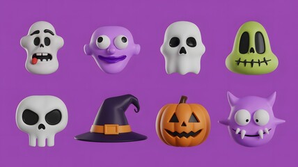 Collection of cute and spooky halloween characters and symbols including ghosts skulls pumpkin and witch hat on purple background