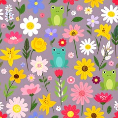 Spring flowers and frogs pattern