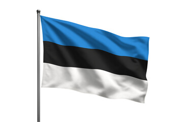 A waving estonian flag on a metal pole against a black background in a close up shot image view