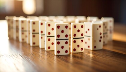Row of dominoes on a wooden table