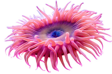 Obraz premium Close-up of a Pink Sea Anemone with Detailed Tentacles and Blue Core marine life isolated on a transparent background