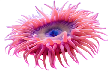 Close-up of a Pink Sea Anemone with Detailed Tentacles and Blue Core marine life isolated on a transparent background