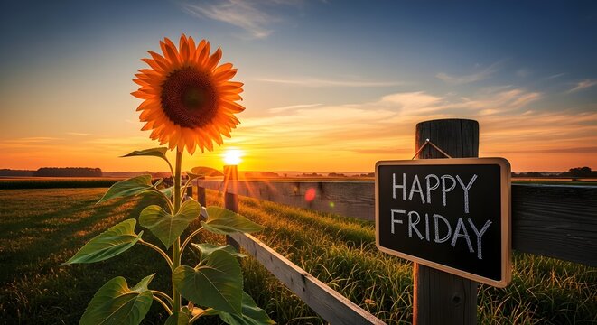 A serene landscape featuring a sunflower in the foreground and a happy friday sign, set against a backdrop of a vibrant sunset, evoking a sense of peace