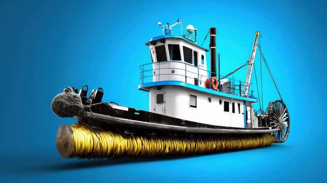 Tugboat with yellow fender on blue background, maritime vessel for rescue and towing operations with equipment